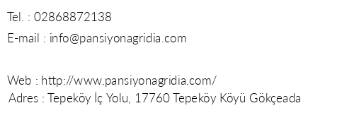 Agridia Pansiyon telefon numaralar, faks, e-mail, posta adresi ve iletiim bilgileri